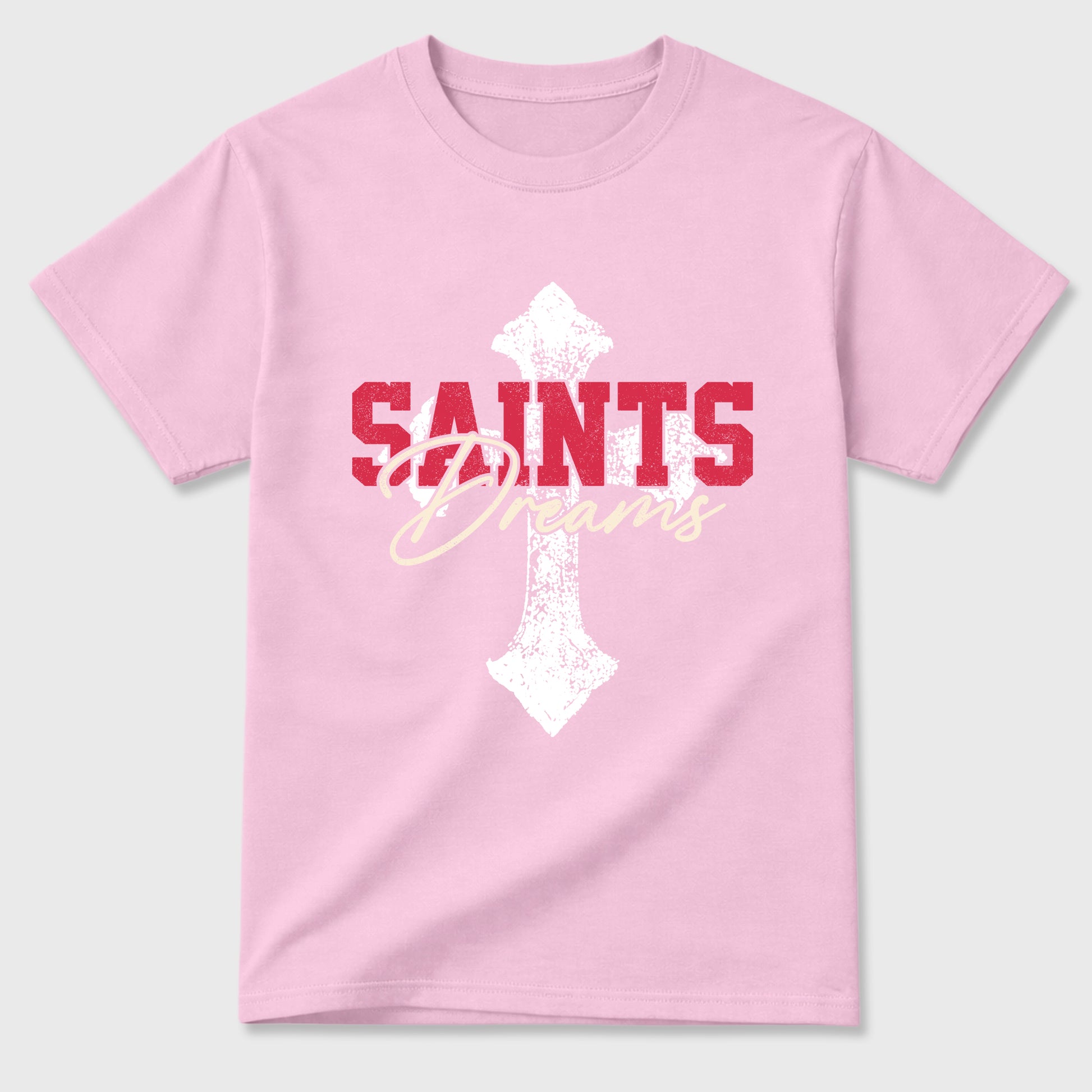 Saints Dreams Graphic T-Shirt sneaker match tee designed for the Air Jordan 1 Travis Scott Tropical Pink, featuring coordinated color options for a perfect streetwear match. Pink 2 shirt.