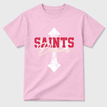 Saints Dreams Graphic T-Shirt sneaker match tee designed for the Air Jordan 1 Travis Scott Tropical Pink, featuring coordinated color options for a perfect streetwear match. Pink 2 shirt.