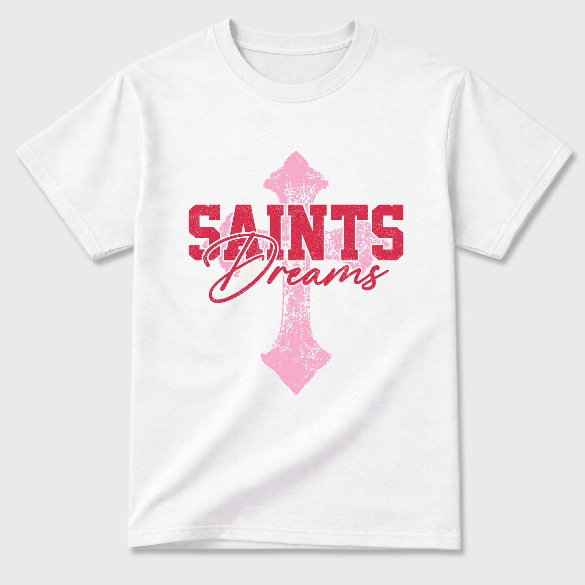 Saints Dreams Graphic T-Shirt sneaker match tee designed for the Air Jordan 1 Travis Scott Tropical Pink, featuring coordinated color options for a perfect streetwear match. White 2 shirt.