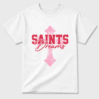 Saints Dreams Graphic T-Shirt sneaker match tee designed for the Air Jordan 1 Travis Scott Tropical Pink, featuring coordinated color options for a perfect streetwear match. White 2 shirt.