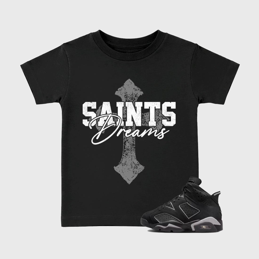 Sneaker match tees – Sneaker Tees To Match Air Jordan 6 Cap and Gown Shoes – Saints Dreams Kids T-Shirt Black 1
