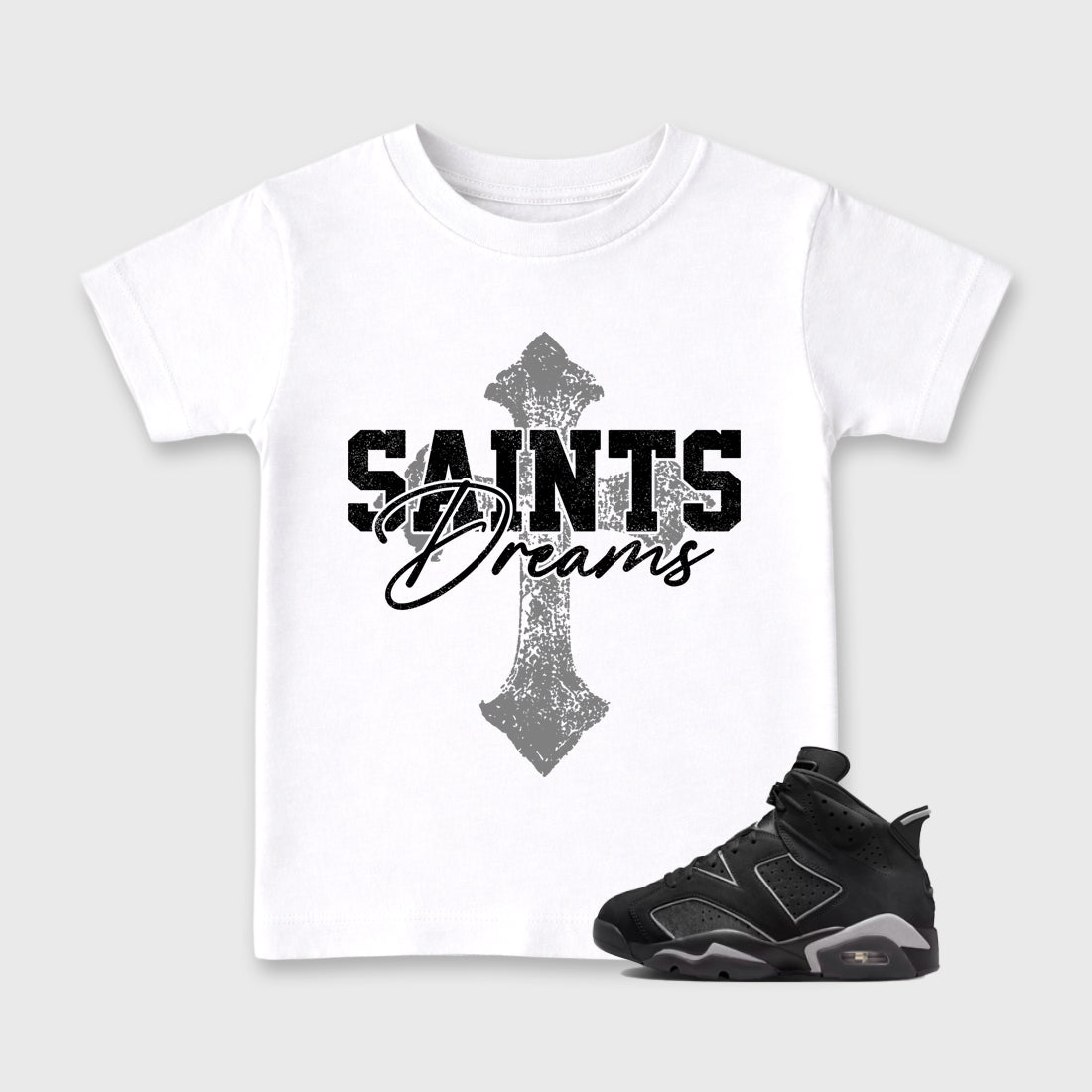 Sneaker match tees – Sneaker Tees To Match Air Jordan 6 Cap and Gown Shoes – Saints Dreams Kids T-Shirt White 1