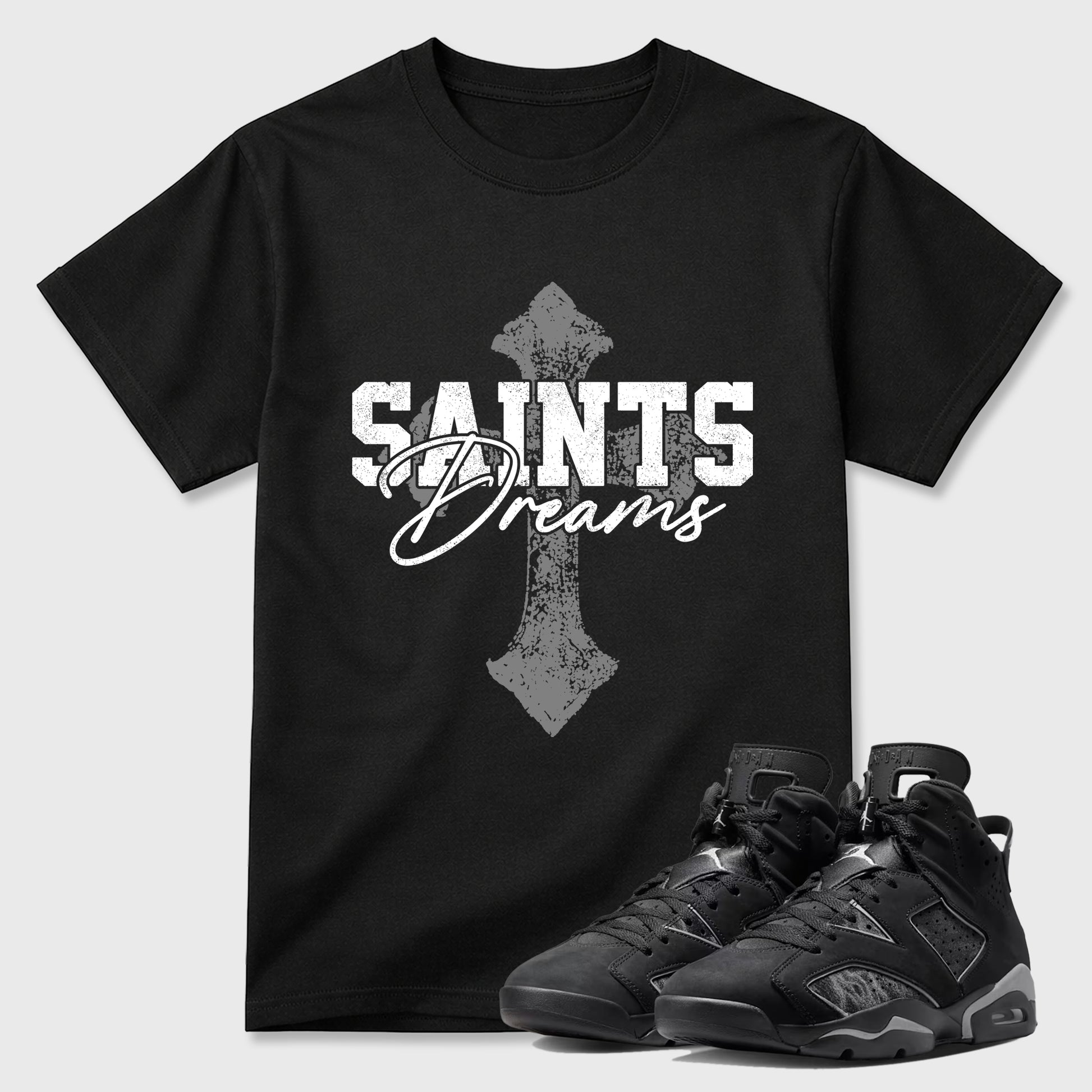 Sneaker match tees – Sneaker Tees To Match Air Jordan 6 Cap and Gown Shoes – Saints Dreams Tee Black 1