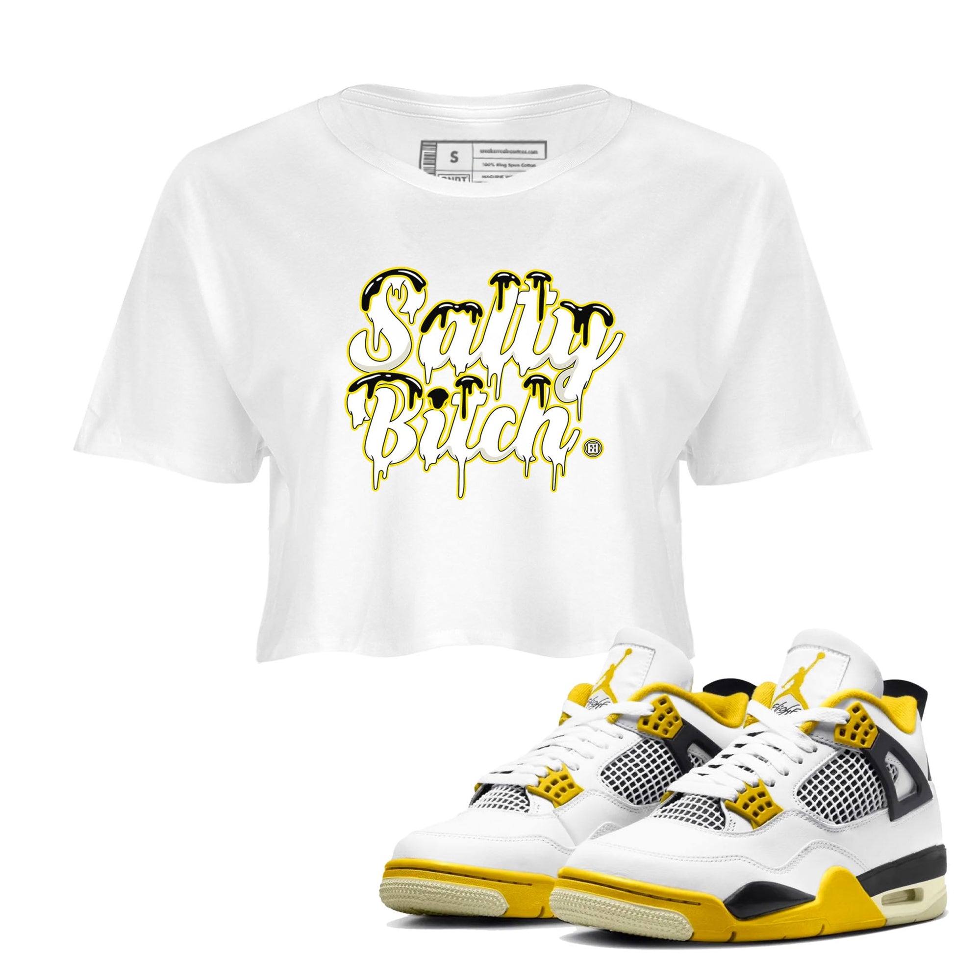 Air Jordan 4 Retro Vivid Sulfur shirt to match jordans Salty Bitch sneaker tees 4s Vivid Sulfur SNRT Sneaker Release Tees White 1 crop length shirt