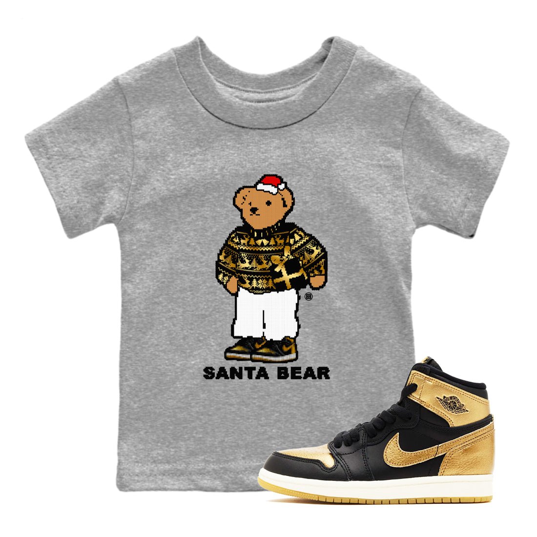 Jordan 1 High OG Retro Black Metallic Gold t shirts to match sneakers Santa Bear Christmas Shirts 1s Black Metallic Gold shirt SNRT Sneaker Tees Youth Baby Heather Grey 1 tee