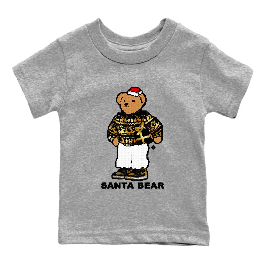 Jordan 1 High OG Retro Black Metallic Gold t shirts to match sneakers Santa Bear Christmas Shirts 1s Black Metallic Gold shirt SNRT Sneaker Tees Youth Baby Heather Grey 2 tee