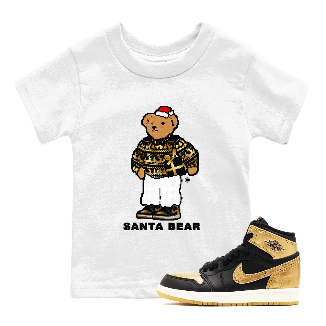 Jordan 1 High OG Retro Black Metallic Gold t shirts to match sneakers Santa Bear Christmas Shirts 1s Black Metallic Gold shirt SNRT Sneaker Tees Youth Baby White 1 tee
