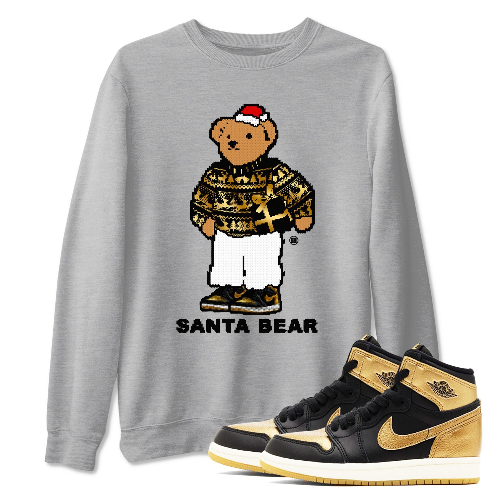 Jordan 1 High OG Retro Black Metallic Gold t shirts to match sneakers Santa Bear Christmas Shirts 1s Black Metallic Gold shirt SNRT Sneaker Tees unisex cotton Heather Grey 1 shirts