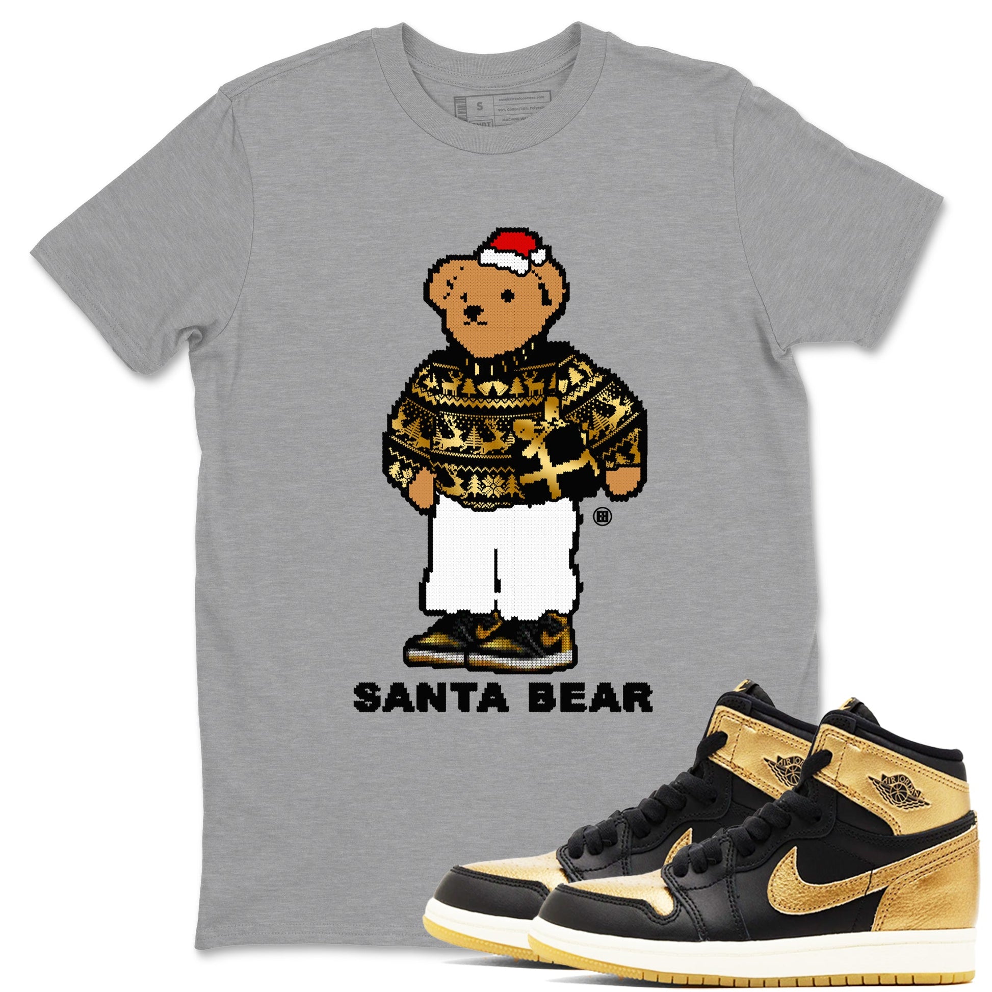 Jordan 1 High OG Retro Black Metallic Gold t shirts to match sneakers Santa Bear Christmas Shirts 1s Black Metallic Gold shirt SNRT Sneaker Tees unisex cotton Heather Grey 1 shirts