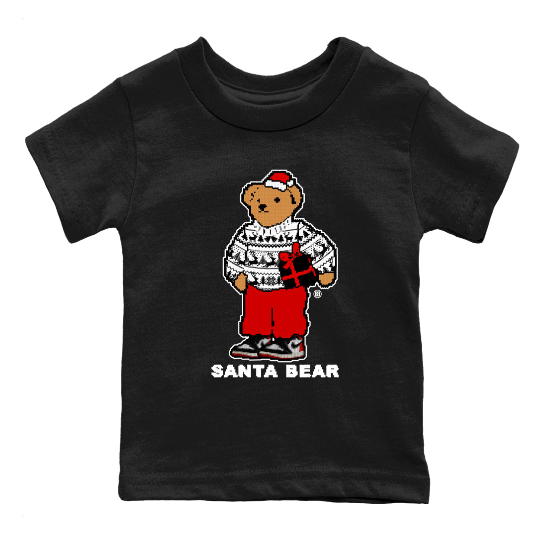 1s Black Toe Reimagined t shirts to match sneakers Santa Bear Christmas Shirts Air Jordan 1 Black Toe Reimagined shirt SNRT Sneaker Tees Youth Baby Black 2 tee