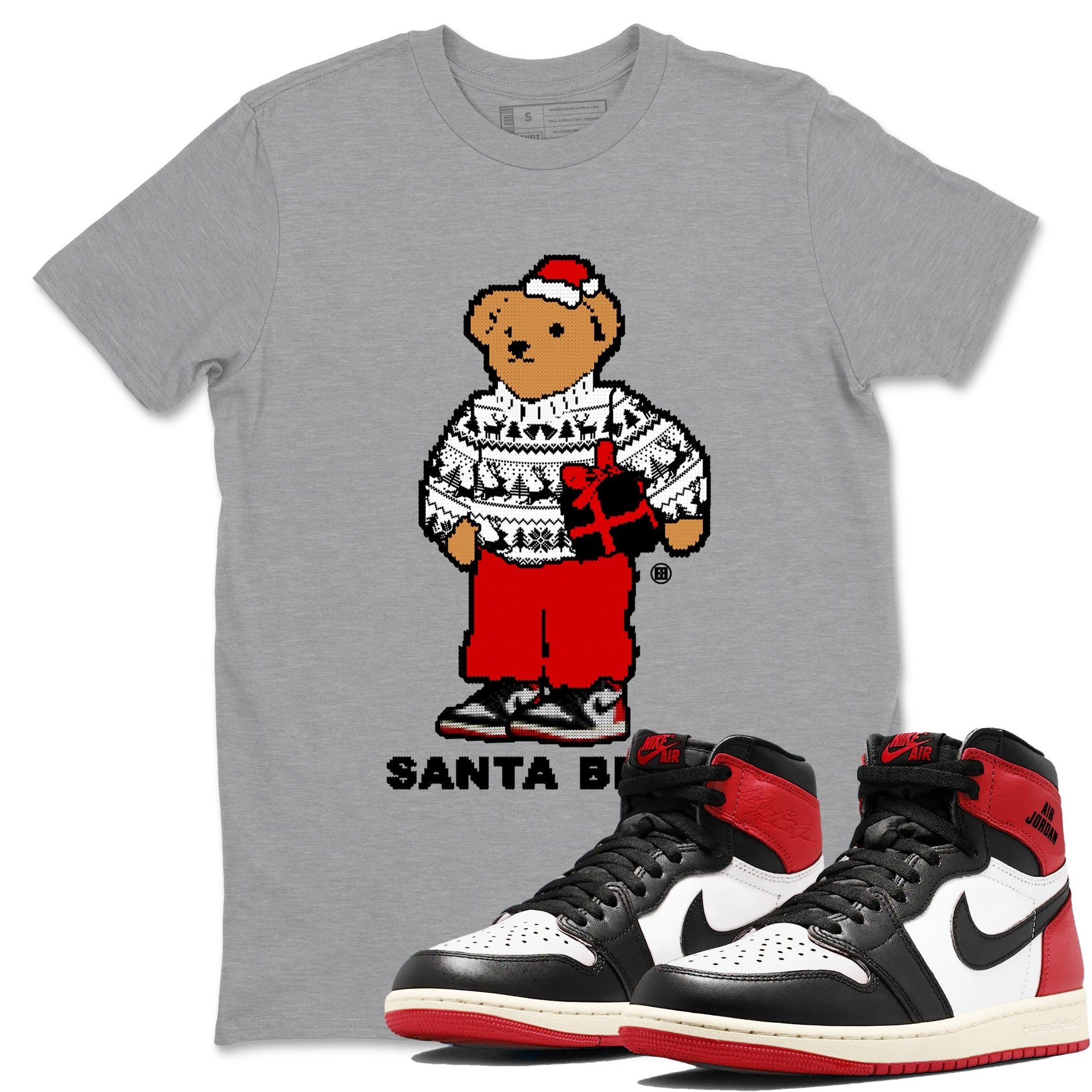 1s Black Toe Reimagined t shirts to match sneakers Santa Bear Christmas Shirts Air Jordan 1 Black Toe Reimagined shirt SNRT Sneaker Tees unisex cotton Heather Grey 1 shirts