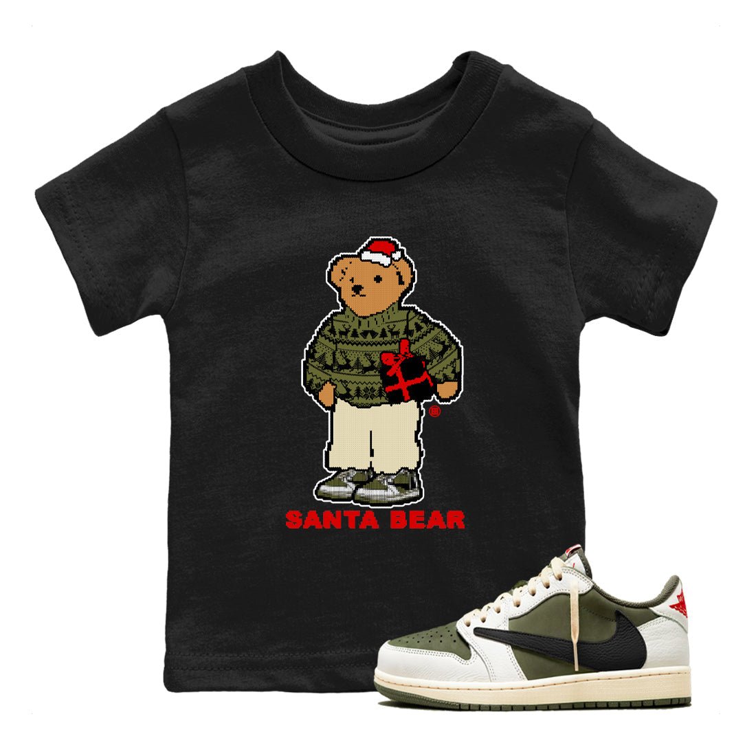Jordan 1 Retro Low Travis Scott Olive t shirts to match sneakers Santa Bear Christmas Shirts Air Jordan 1 Travis Scott Medium Olive shirt SNRT Sneaker Tees Youth Baby Black 1 tee
