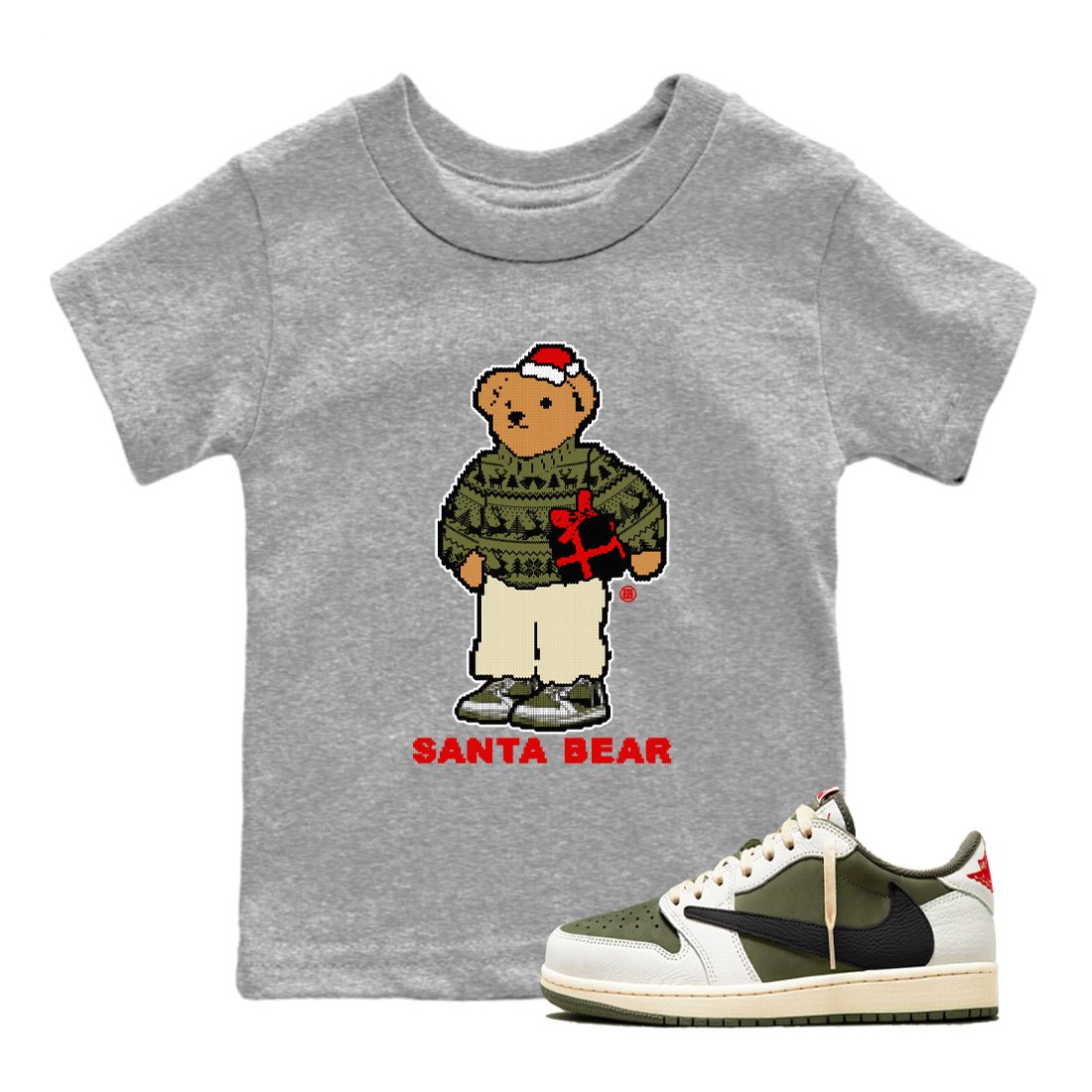 Jordan 1 Retro Low Travis Scott Olive t shirts to match sneakers Santa Bear Christmas Shirts Air Jordan 1 Travis Scott Medium Olive shirt SNRT Sneaker Tees Youth Baby Heather Grey 1 tee