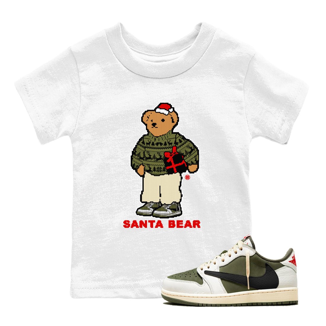 Jordan 1 Retro Low Travis Scott Olive t shirts to match sneakers Santa Bear Christmas Shirts Air Jordan 1 Travis Scott Medium Olive shirt SNRT Sneaker Tees Youth Baby White 1 tee