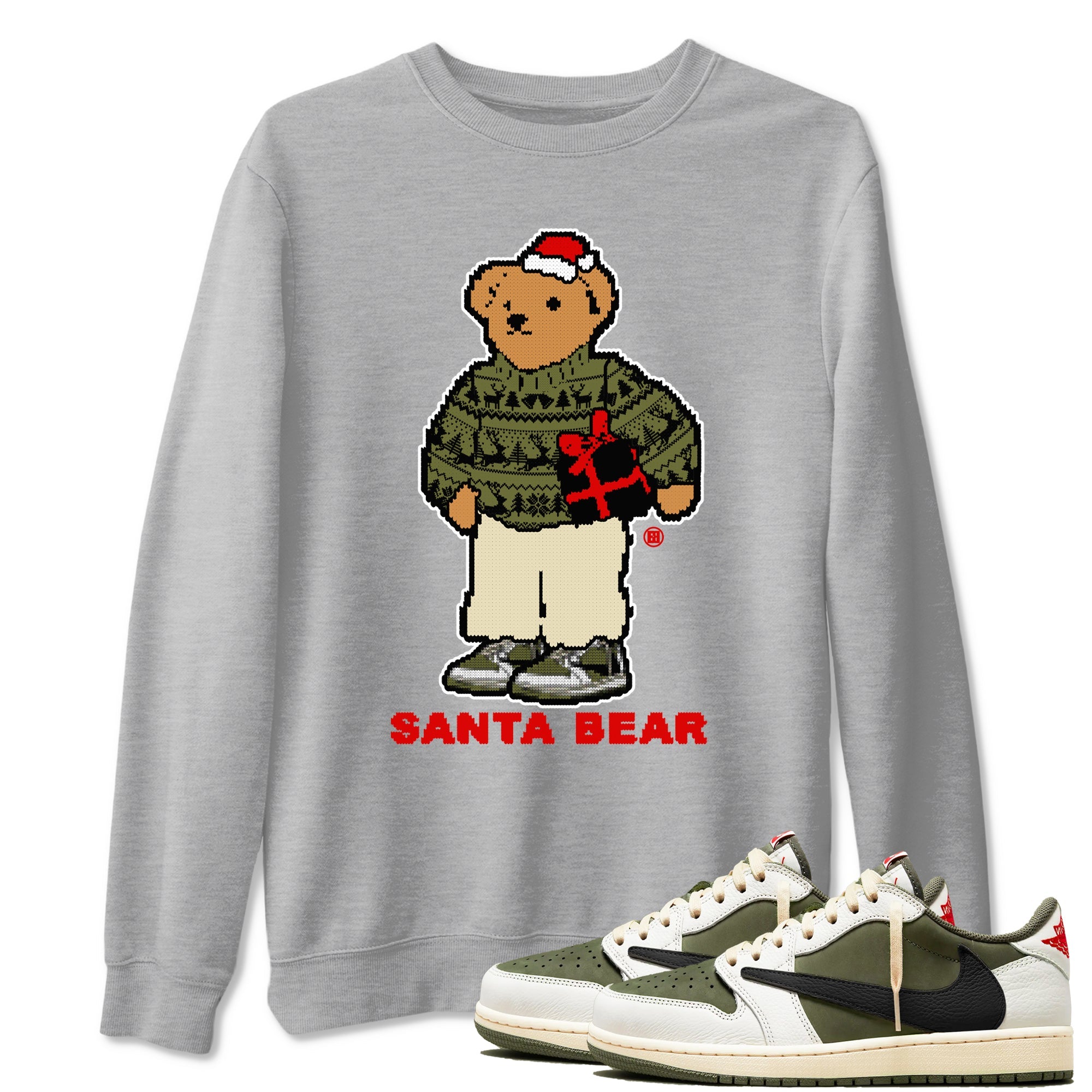 Jordan 1 Retro Low Travis Scott Olive t shirts to match sneakers Santa Bear Christmas Shirts Air Jordan 1 Travis Scott Medium Olive shirt SNRT Sneaker Tees unisex cotton Heather Grey 1 shirts
