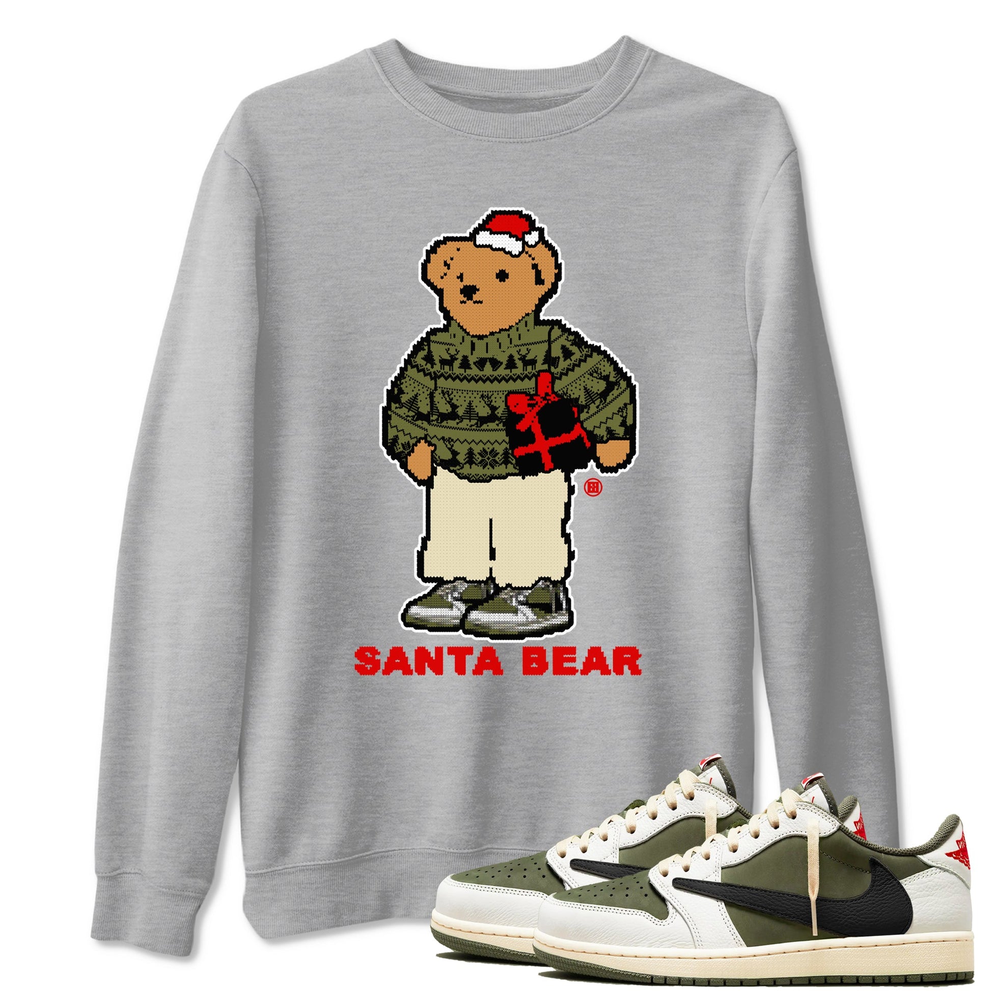 Jordan 1 Retro Low Travis Scott Olive t shirts to match sneakers Santa Bear Christmas Shirts Air Jordan 1 Travis Scott Medium Olive shirt SNRT Sneaker Tees unisex cotton Heather Grey 1 shirts
