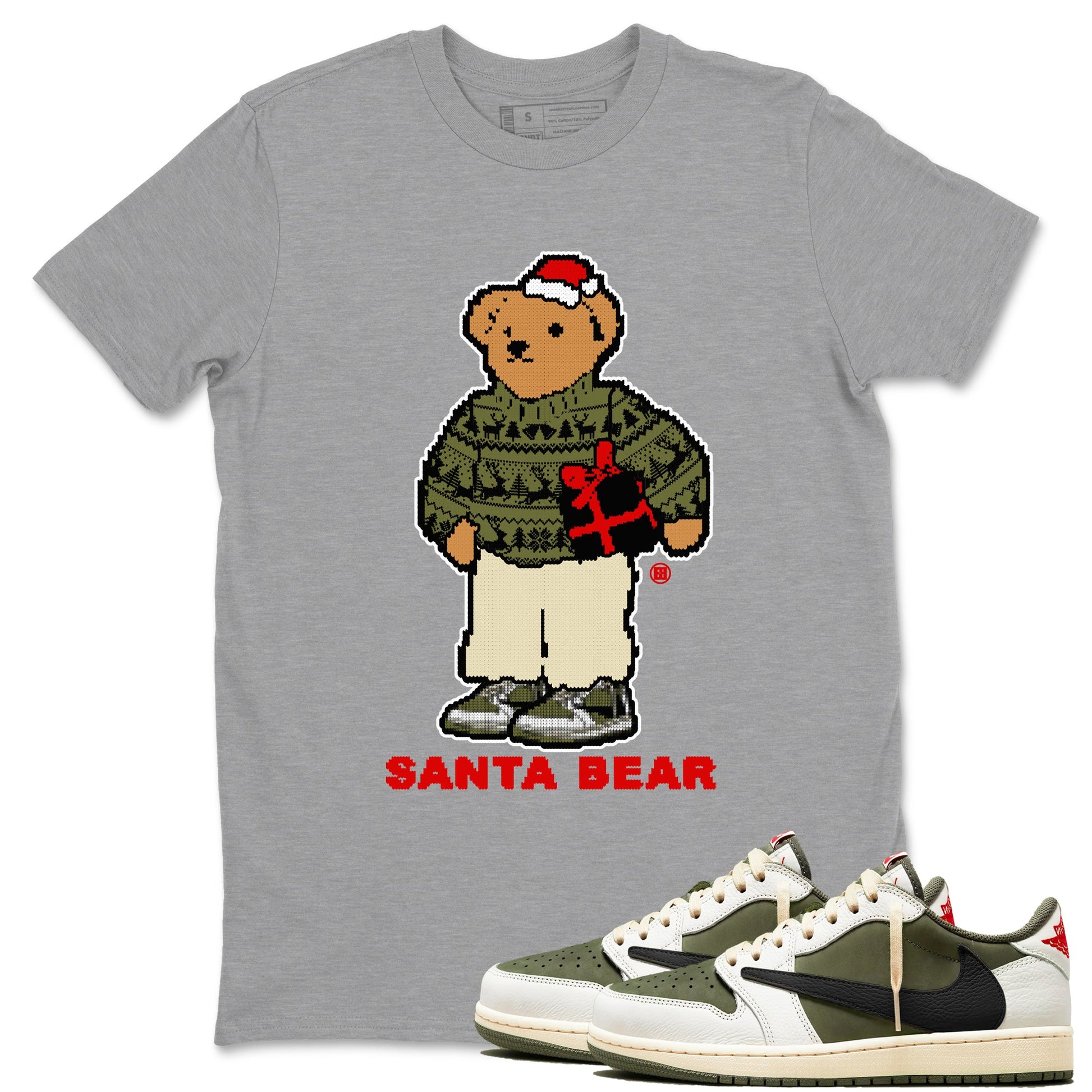 Jordan 1 Retro Low Travis Scott Olive t shirts to match sneakers Santa Bear Christmas Shirts Air Jordan 1 Travis Scott Medium Olive shirt SNRT Sneaker Tees unisex cotton Heather Grey 1 shirts
