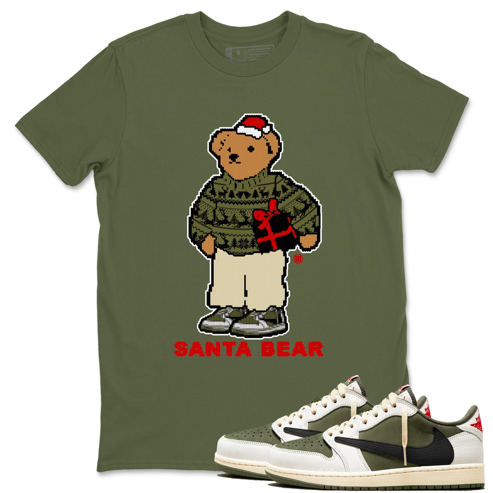 Jordan 1 Retro Low Travis Scott Olive t shirts to match sneakers Santa Bear Christmas Shirts Air Jordan 1 Travis Scott Medium Olive shirt SNRT Sneaker Tees unisex cotton Military Green 1 shirts
