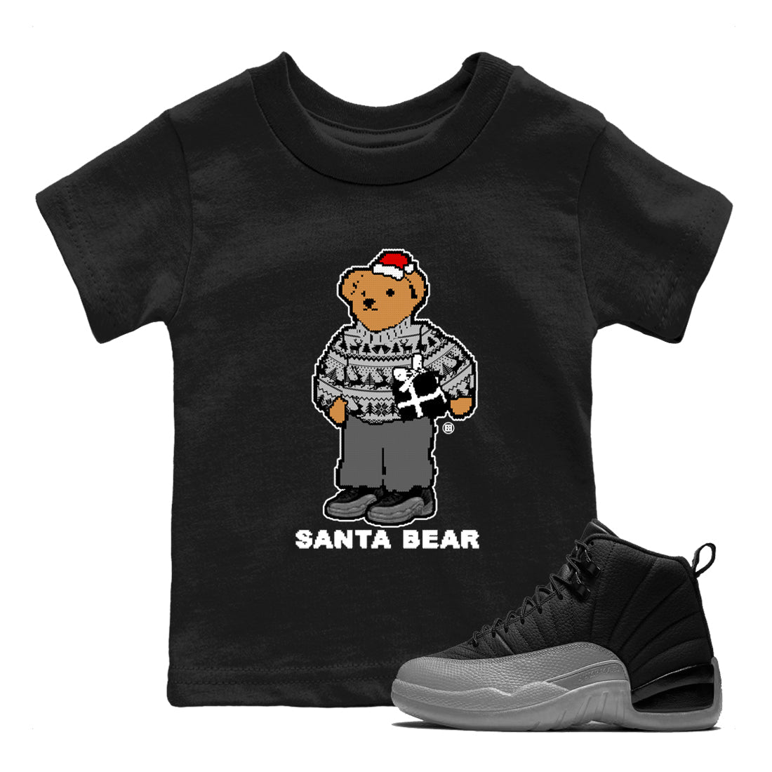 Air Jordan 12 Black Wolf Grey t shirts to match sneakers Santa Bear Christmas Shirts 12s Black Wolf Grey shirt SNRT Sneaker Tees Youth Baby Black 1 tee