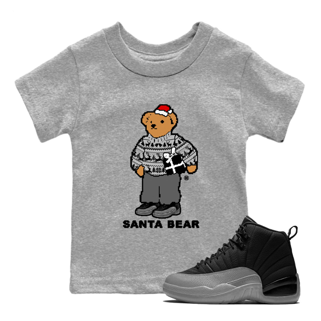 Air Jordan 12 Black Wolf Grey t shirts to match sneakers Santa Bear Christmas Shirts 12s Black Wolf Grey shirt SNRT Sneaker Tees Youth Baby Heather Grey 1 tee