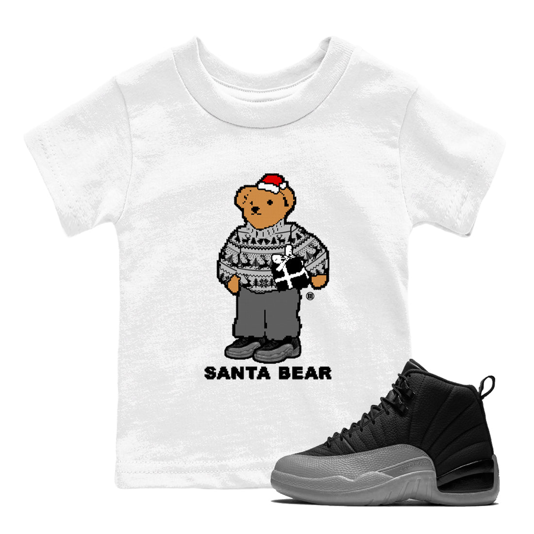 Air Jordan 12 Black Wolf Grey t shirts to match sneakers Santa Bear Christmas Shirts 12s Black Wolf Grey shirt SNRT Sneaker Tees Youth Baby White 1 tee
