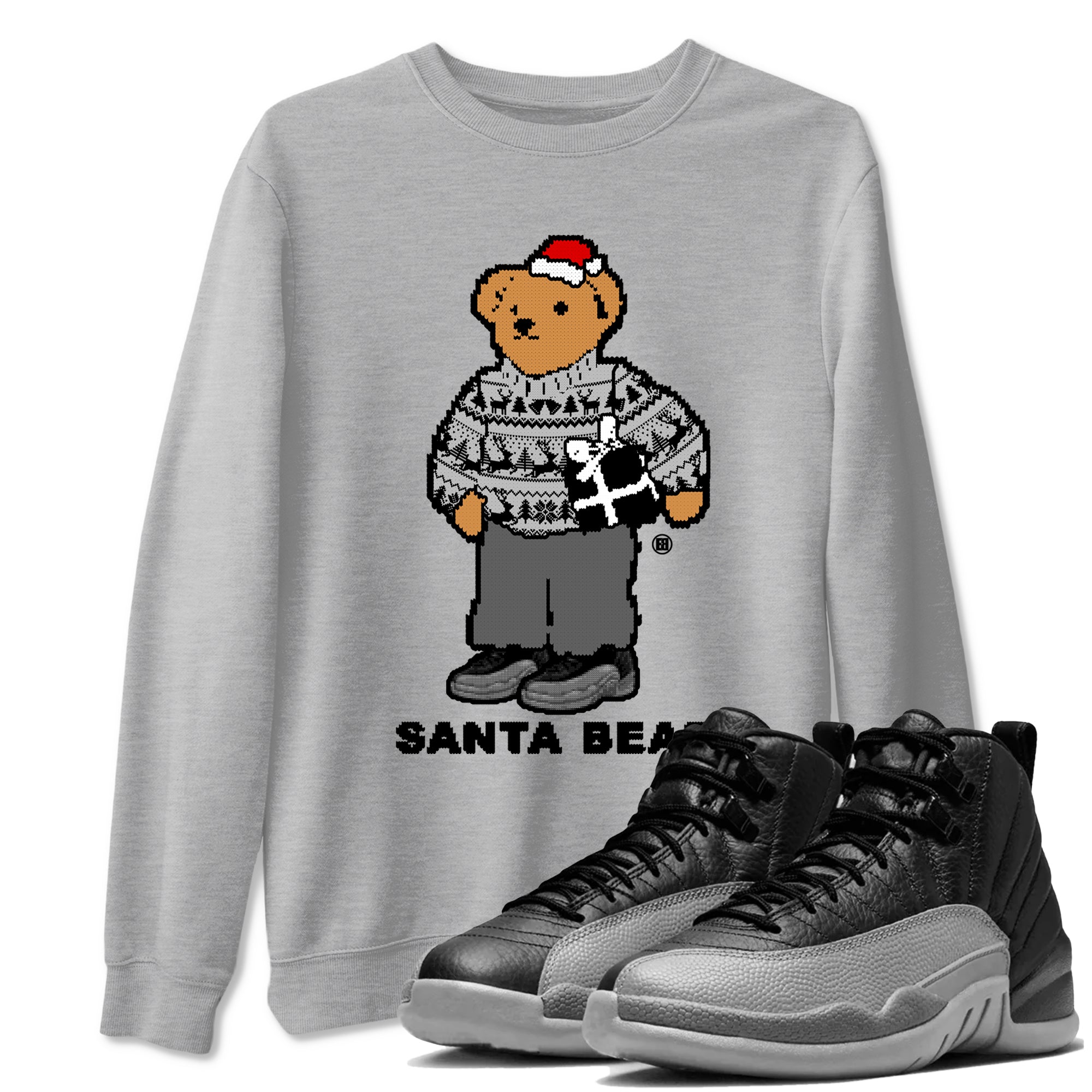 Air Jordan 12 Black Wolf Grey t shirts to match sneakers Santa Bear Christmas Shirts 12s Black Wolf Grey shirt SNRT Sneaker Tees unisex cotton Heather Grey 1 shirts