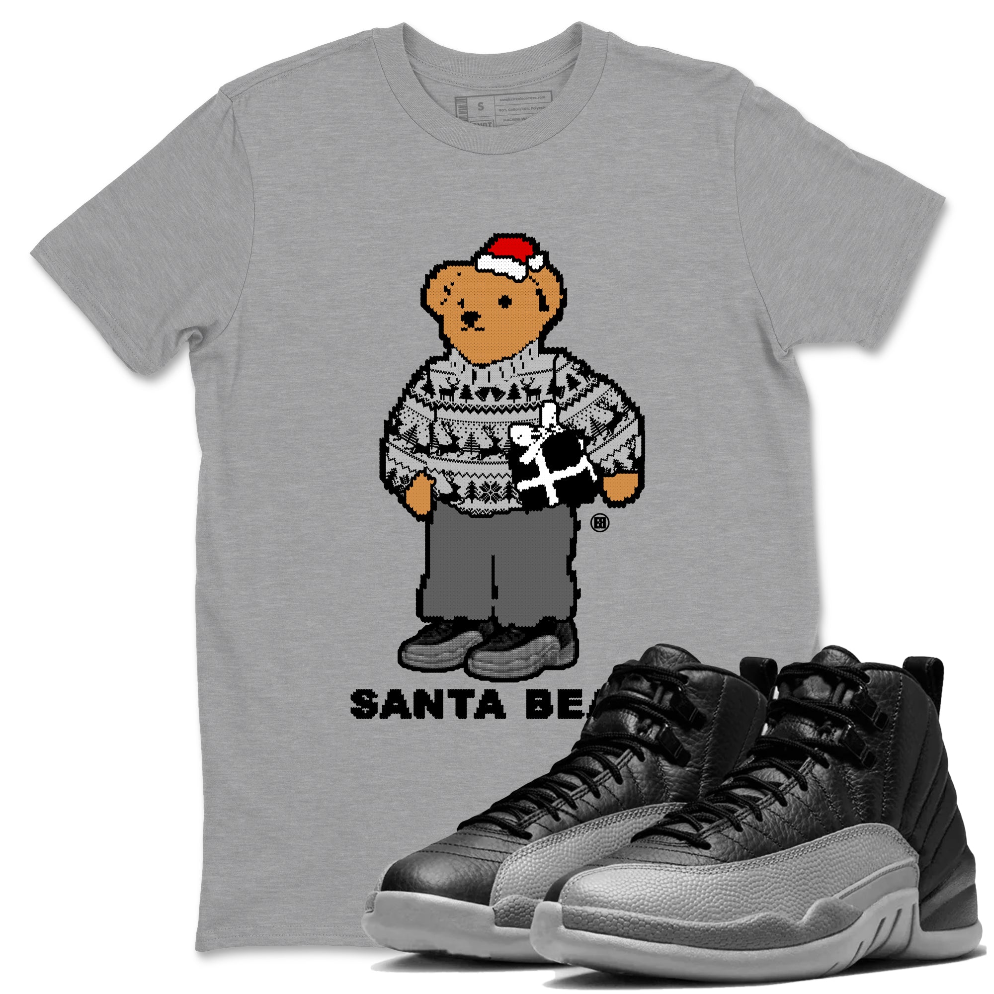 Air Jordan 12 Black Wolf Grey t shirts to match sneakers Santa Bear Christmas Shirts 12s Black Wolf Grey shirt SNRT Sneaker Tees unisex cotton Heather Grey 1 shirts