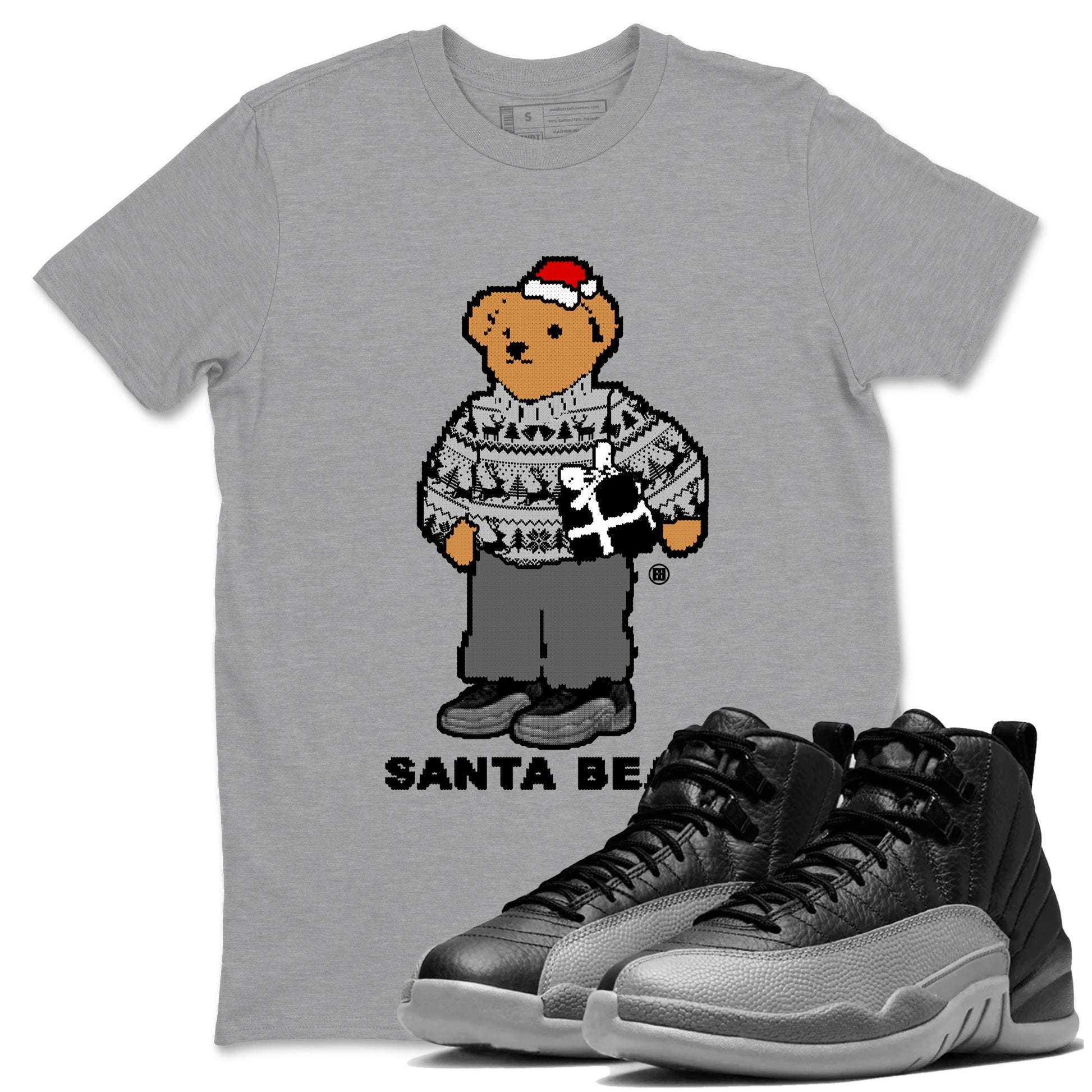 Air Jordan 12 Black Wolf Grey t shirts to match sneakers Santa Bear Christmas Shirts 12s Black Wolf Grey shirt SNRT Sneaker Tees unisex cotton Heather Grey 1 shirts