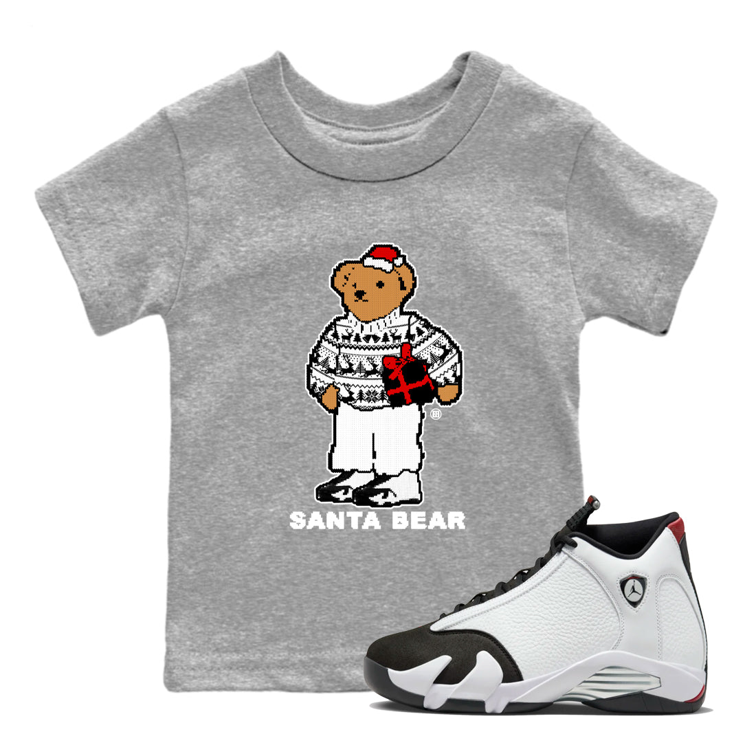 14s Black Toe t shirts to match sneakers Santa Bear Christmas Shirts Air Jordan 14 Black Toe shirt SNRT Sneaker Tees Youth Baby Heather Grey 1 tee