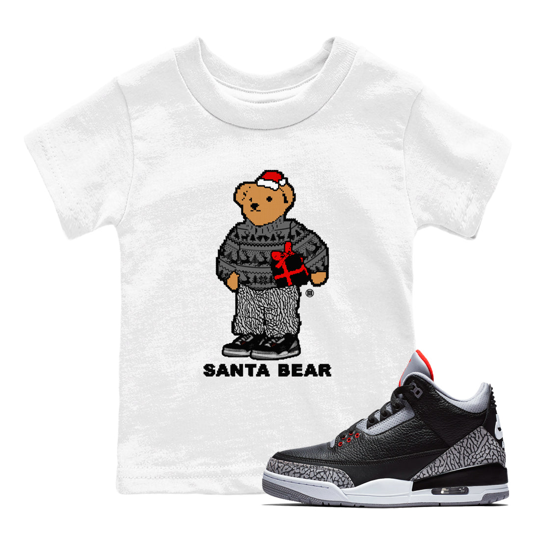 3s Black Cement t shirts to match sneakers Santa Bear Christmas Shirts Jordan 3 Retro Black Cement shirt SNRT Sneaker Tees Youth Baby White 1 tee