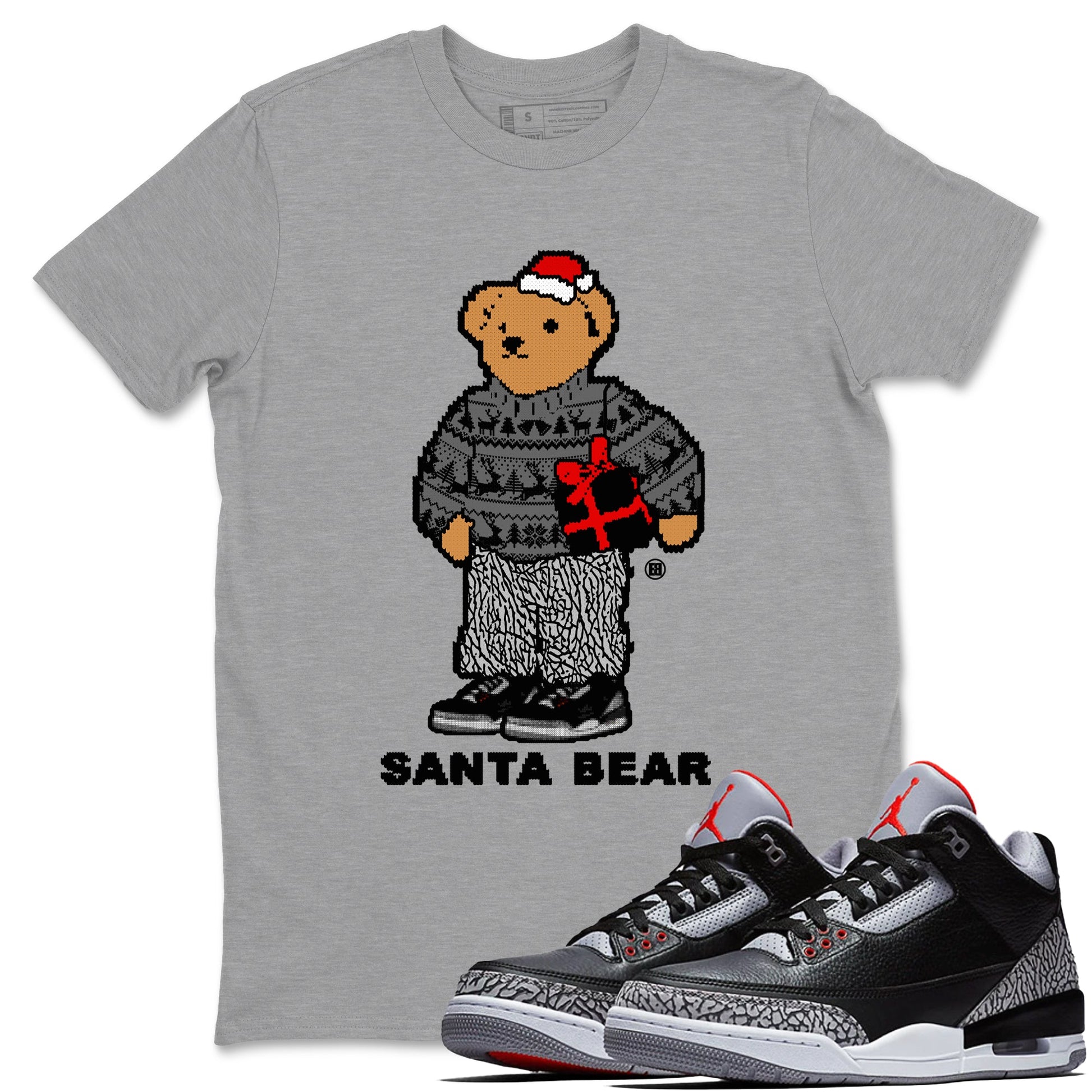 3s Black Cement t shirts to match sneakers Santa Bear Christmas Shirts Jordan 3 Retro Black Cement shirt SNRT Sneaker Tees unisex cotton Heather Grey 1 shirts