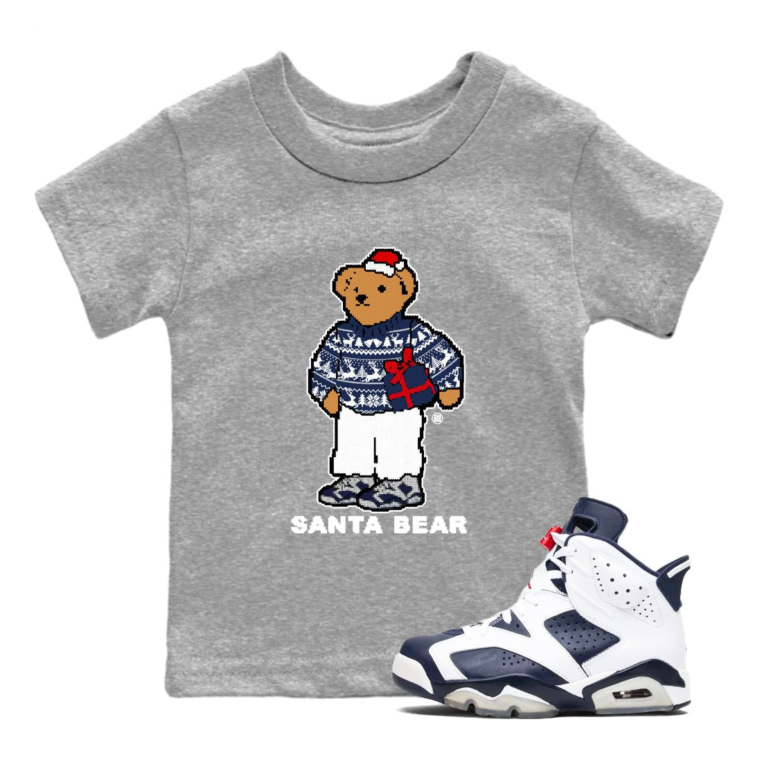 Air Jordan 6 White And Midnight Navy t shirts to match sneakers Santa Bear Christmas Shirts Air Jordan 6 Olympic shirt SNRT Sneaker Tees Youth Baby Heather Grey 1 tee