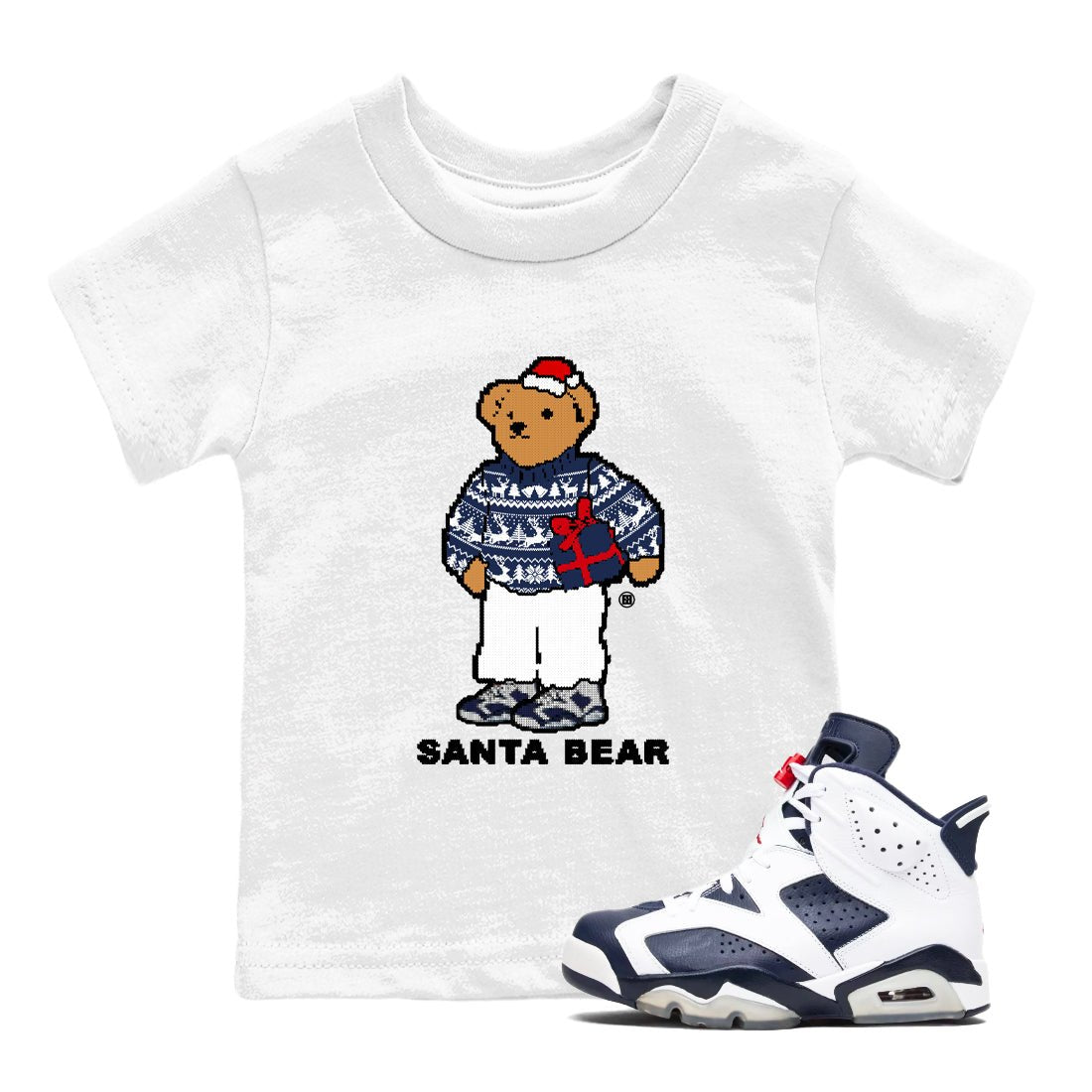 Air Jordan 6 White And Midnight Navy t shirts to match sneakers Santa Bear Christmas Shirts Air Jordan 6 Olympic shirt SNRT Sneaker Tees Youth Baby White 1 tee