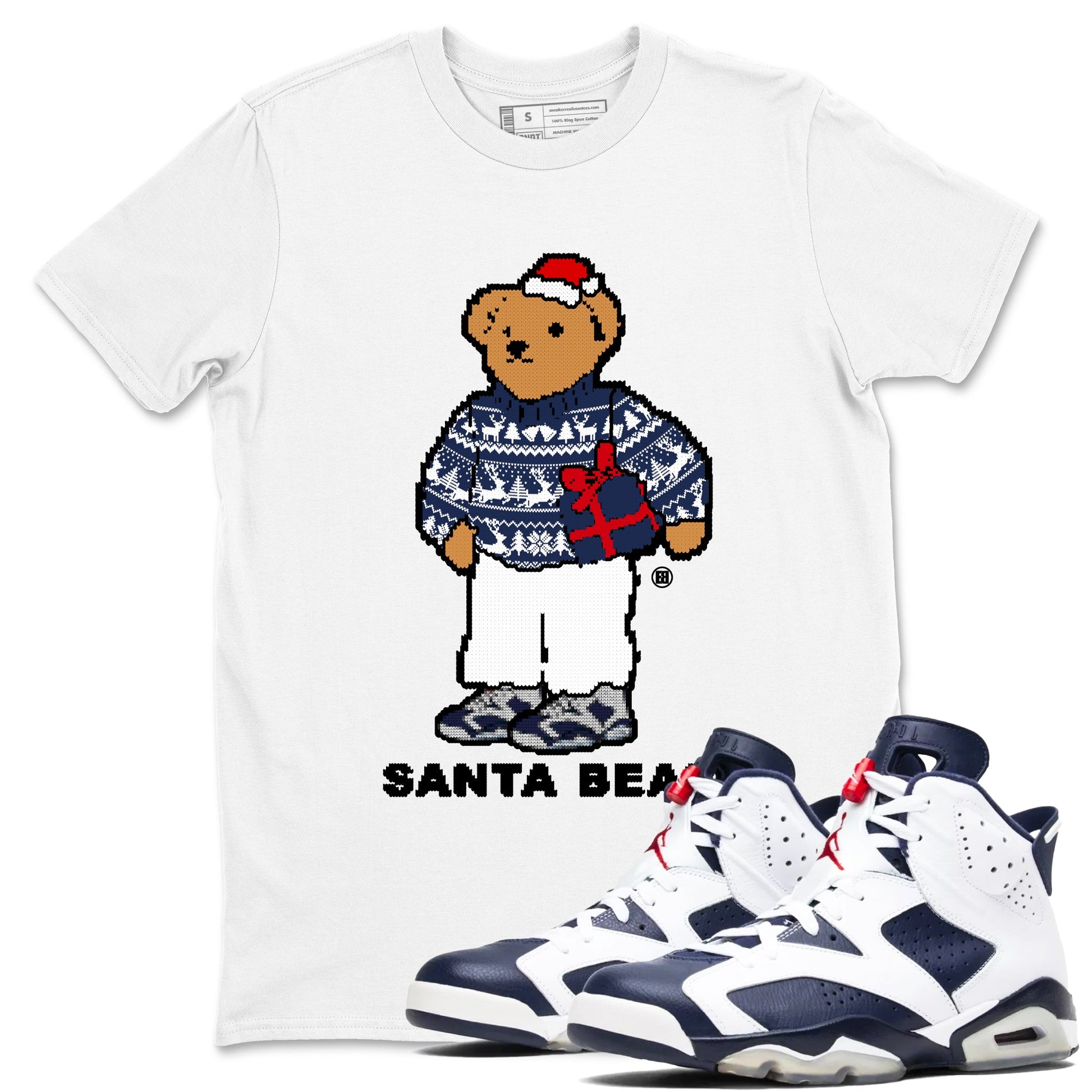 Air Jordan 6 White And Midnight Navy t shirts to match sneakers Santa Bear Christmas Shirts Air Jordan 6 Olympic shirt SNRT Sneaker Tees unisex cotton White 1 shirts