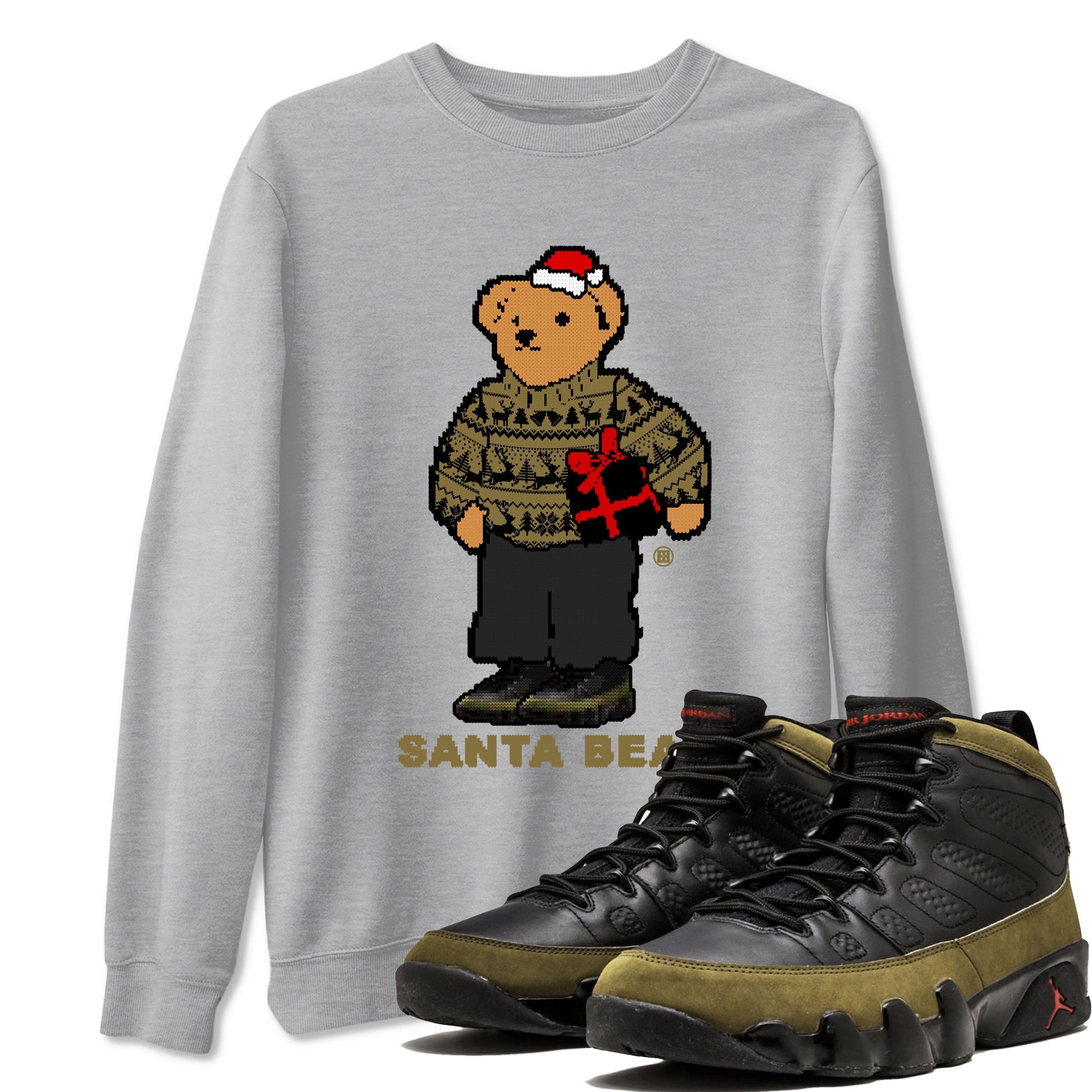 9s Olive shirts to match jordans Santa Bear sneaker match tees Air Jordan 9 Olive match shoes to clothes SNRT Sneaker Tees unisex cotton Heather Grey 1 shirts