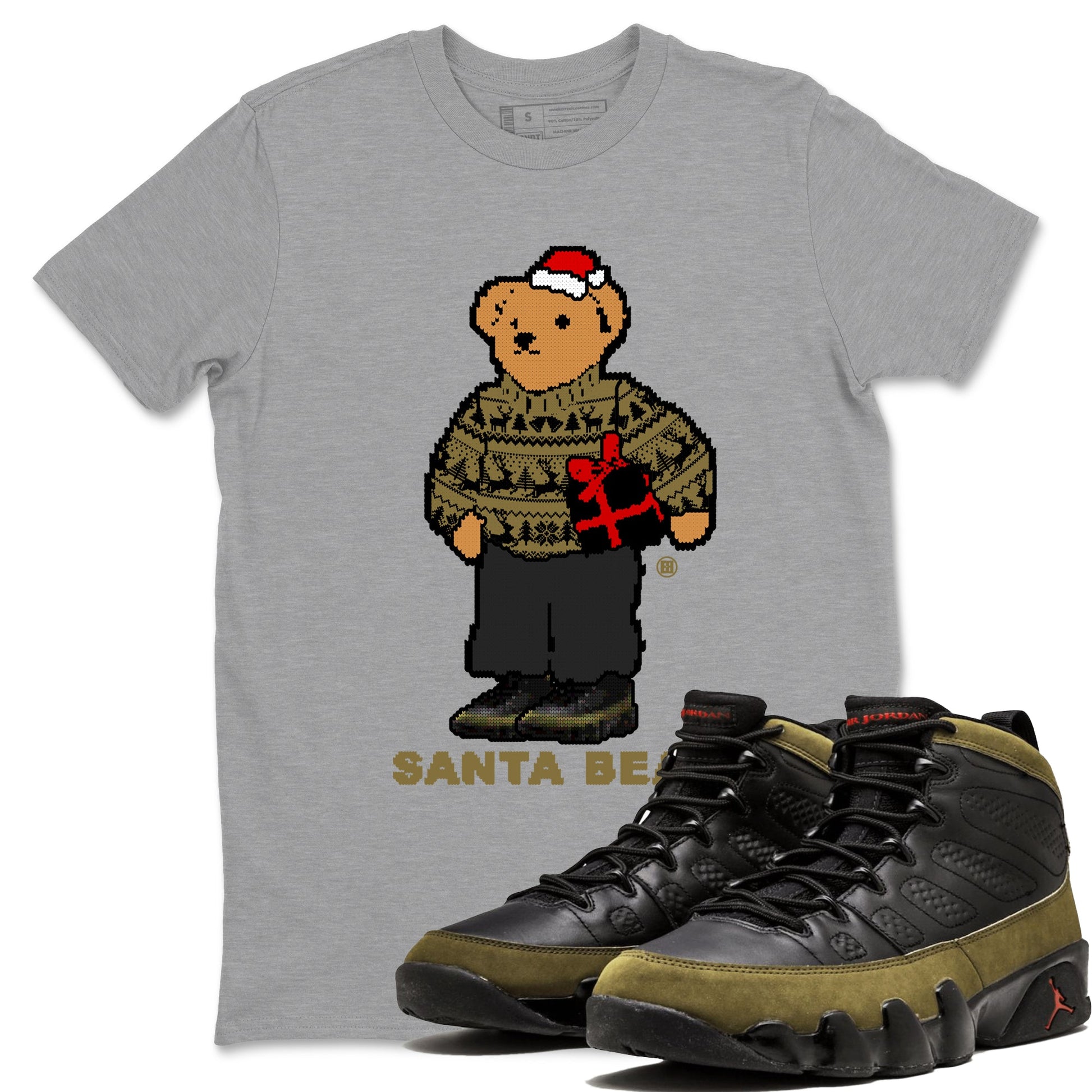 9s Olive shirts to match jordans Santa Bear sneaker match tees Air Jordan 9 Olive match shoes to clothes SNRT Sneaker Tees unisex cotton Heather Grey 1 shirts