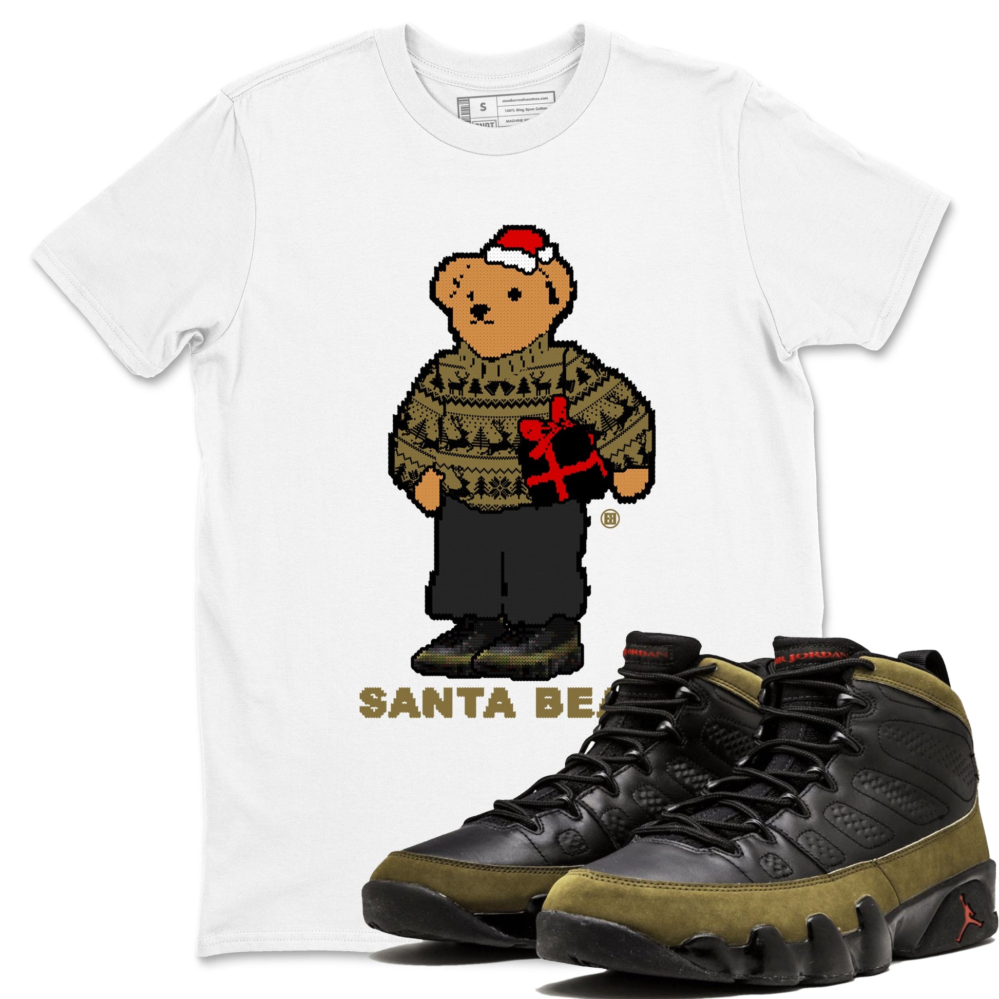 9s Olive shirts to match jordans Santa Bear sneaker match tees Air Jordan 9 Olive match shoes to clothes SNRT Sneaker Tees unisex cotton White 1 shirts