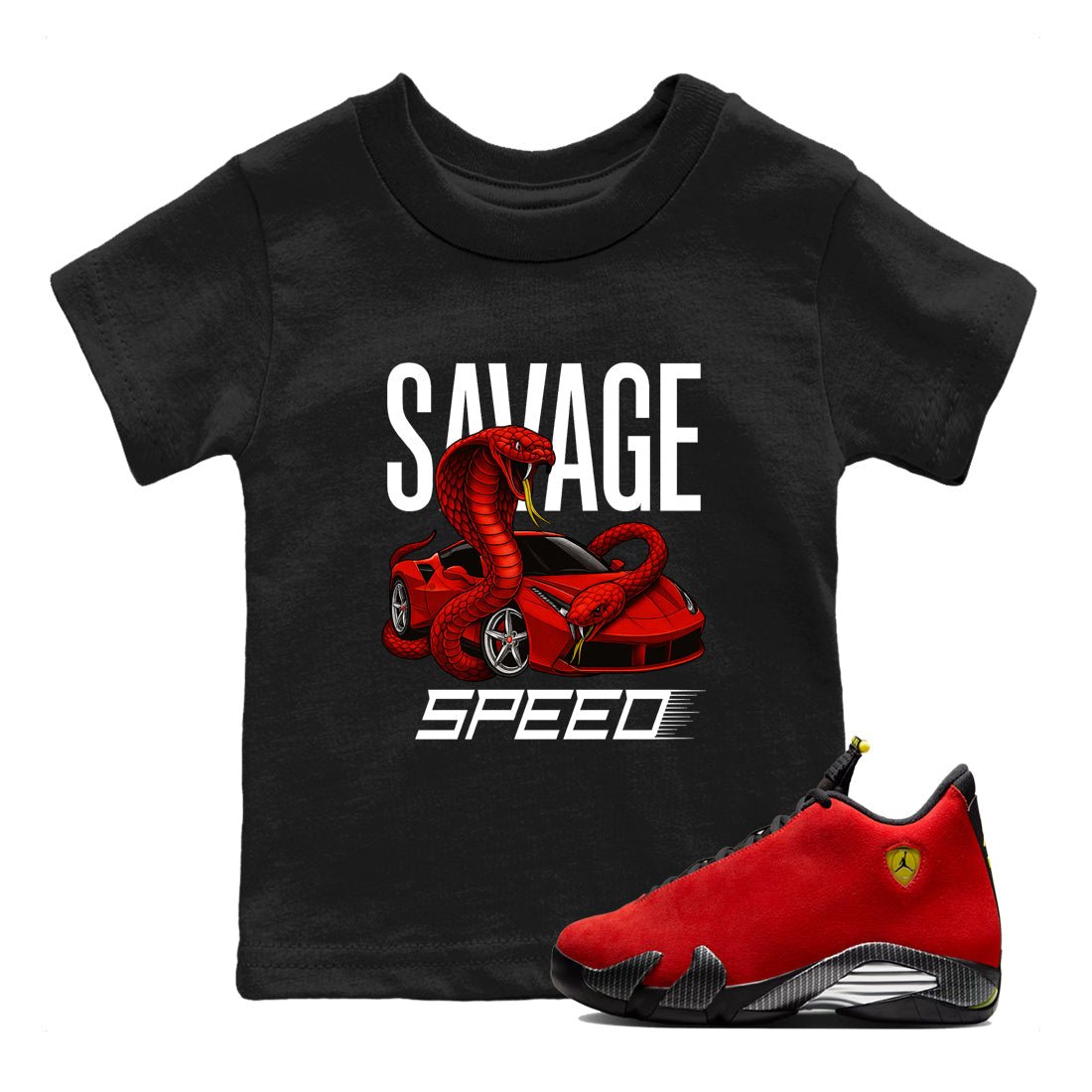 Savage Speed baby and kids t-shirt crafted for little sneakerheads to shine with the Air Jordan 14 Challenge Red sneakers, displayed in Black 1.