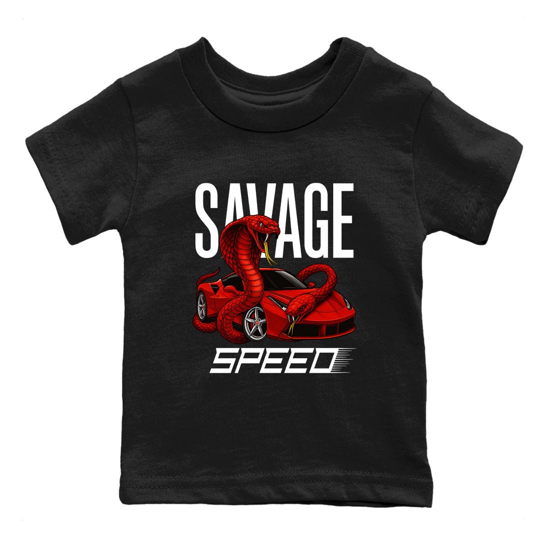 Savage Speed baby and kids t-shirt crafted for little sneakerheads to shine with the Air Jordan 14 Challenge Red sneakers, displayed in Black 2.