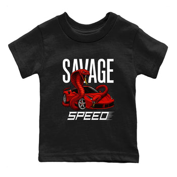 Savage Speed baby and kids t-shirt crafted for little sneakerheads to shine with the Air Jordan 14 Challenge Red sneakers, displayed in Black 2.