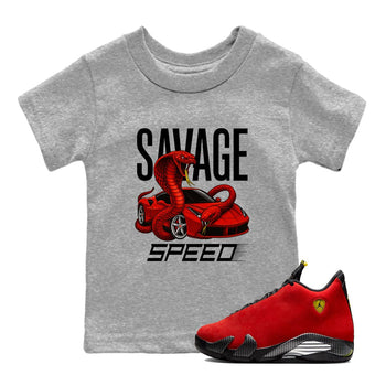 Savage Speed baby and kids t-shirt crafted for little sneakerheads to shine with the Air Jordan 14 Challenge Red sneakers, displayed in Heather Grey 1.