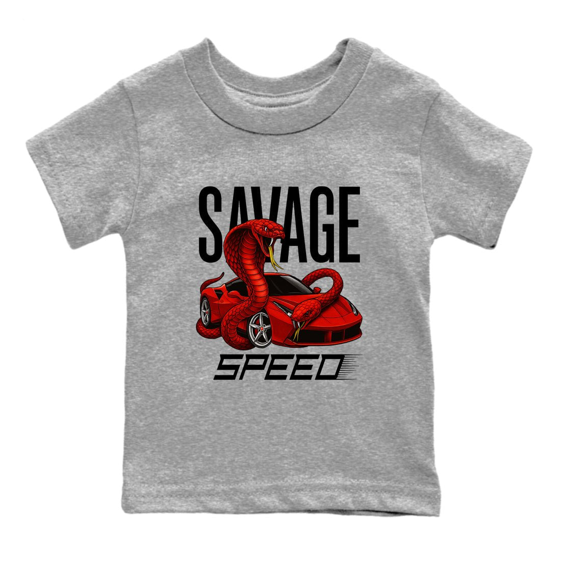 Savage Speed baby and kids t-shirt crafted for little sneakerheads to shine with the Air Jordan 14 Challenge Red sneakers, displayed in Heather Grey 2.