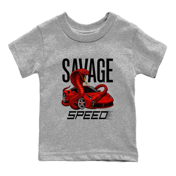 Savage Speed baby and kids t-shirt crafted for little sneakerheads to shine with the Air Jordan 14 Challenge Red sneakers, displayed in Heather Grey 2.