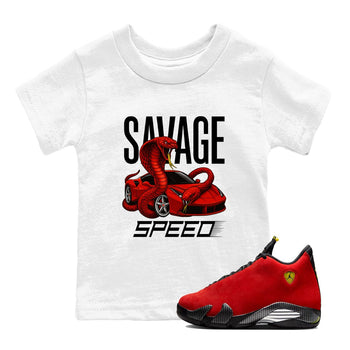 Savage Speed baby and kids t-shirt crafted for little sneakerheads to shine with the Air Jordan 14 Challenge Red sneakers, displayed in White 1.