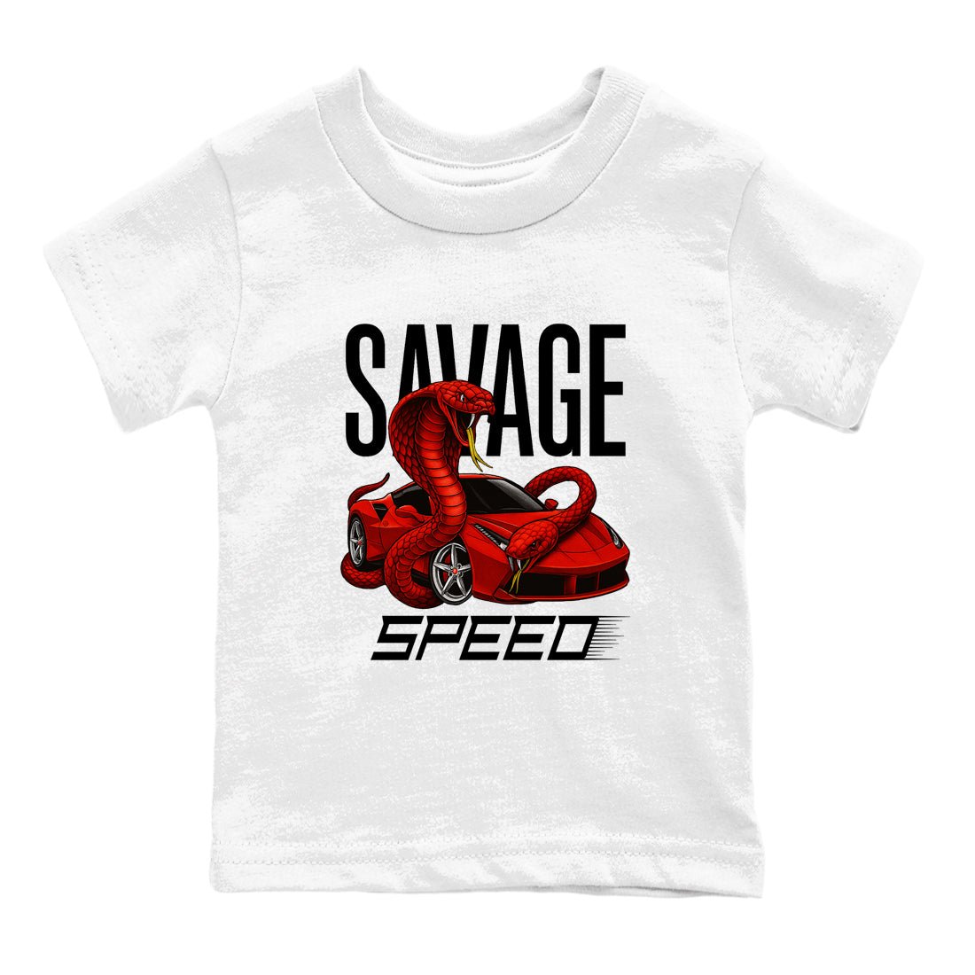 Savage Speed baby and kids t-shirt crafted for little sneakerheads to shine with the Air Jordan 14 Challenge Red sneakers, displayed in White 2.