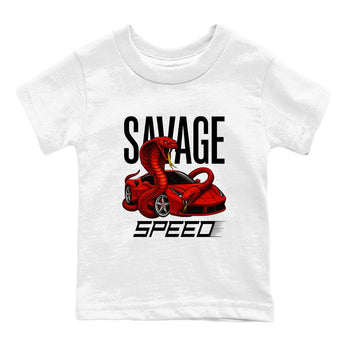 Savage Speed baby and kids t-shirt crafted for little sneakerheads to shine with the Air Jordan 14 Challenge Red sneakers, displayed in White 2.