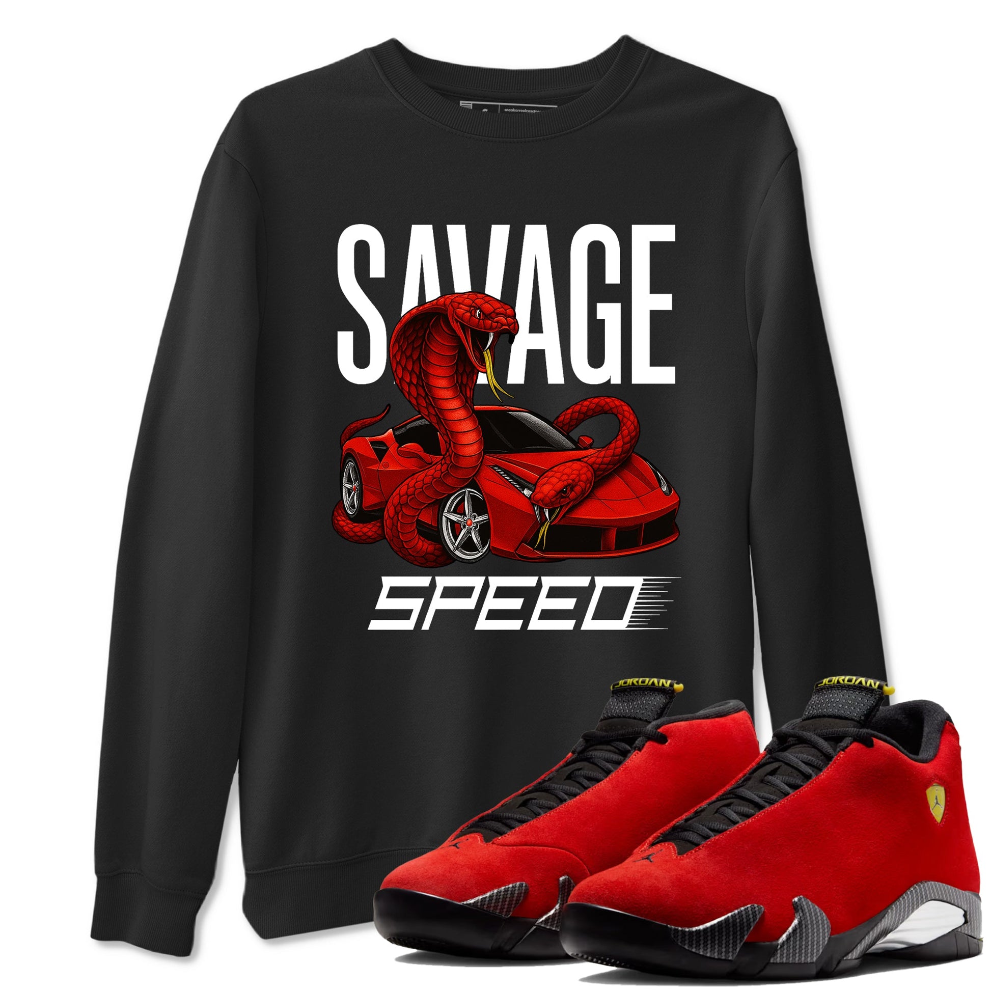 Savage Speed sneaker match t-shirt styled to complete your fit with the Air Jordan 14 Challenge Red sneakers, graphic shirts in Black 1.