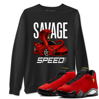 Savage Speed sneaker match t-shirt styled to complete your fit with the Air Jordan 14 Challenge Red sneakers, graphic shirts in Black 1.