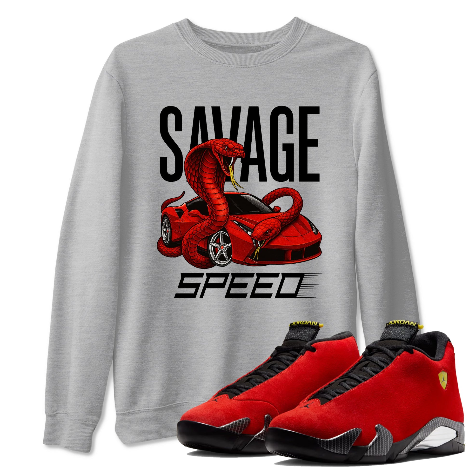Savage Speed sneaker match t-shirt styled to complete your fit with the Air Jordan 14 Challenge Red sneakers, graphic shirts in Heather Grey 1.