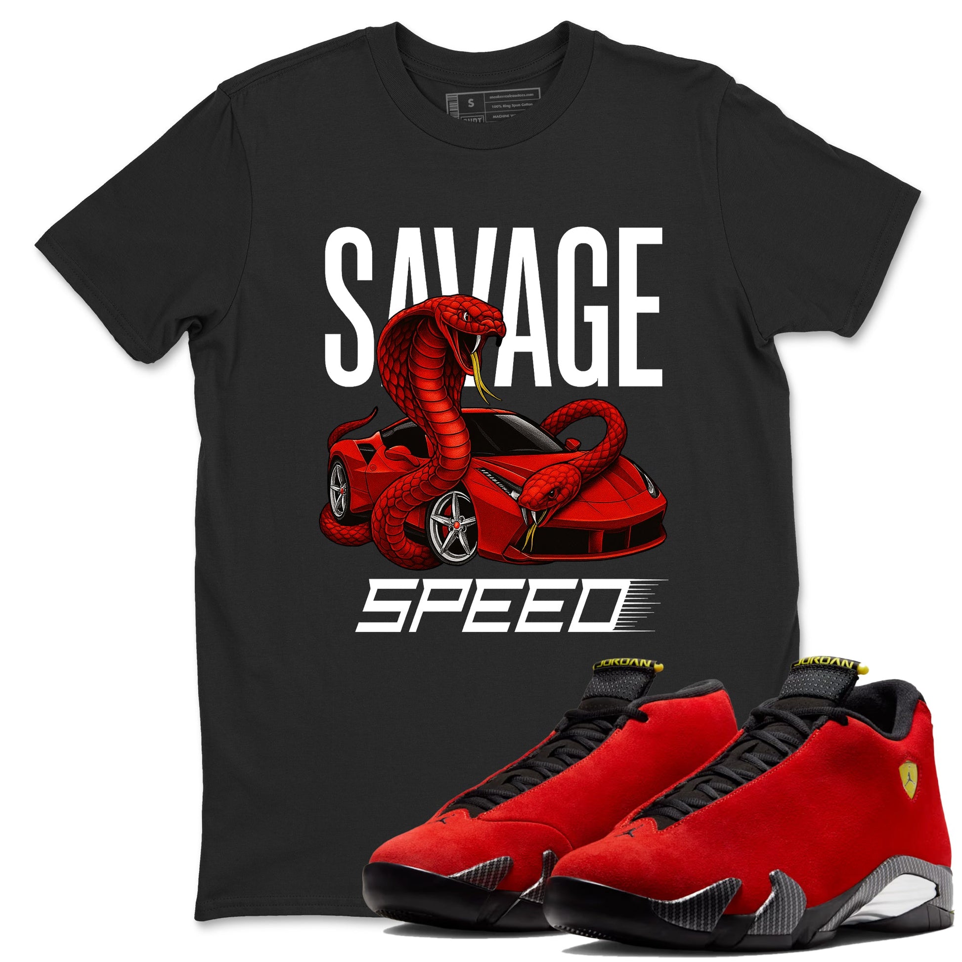 Savage Speed sneaker match t-shirt styled to complete your fit with the Air Jordan 14 Challenge Red sneakers, graphic shirts in Black 1.